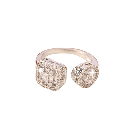 Square Copper Ring For Women With Electroplated Gold Plating And White Rhinestone Inlay