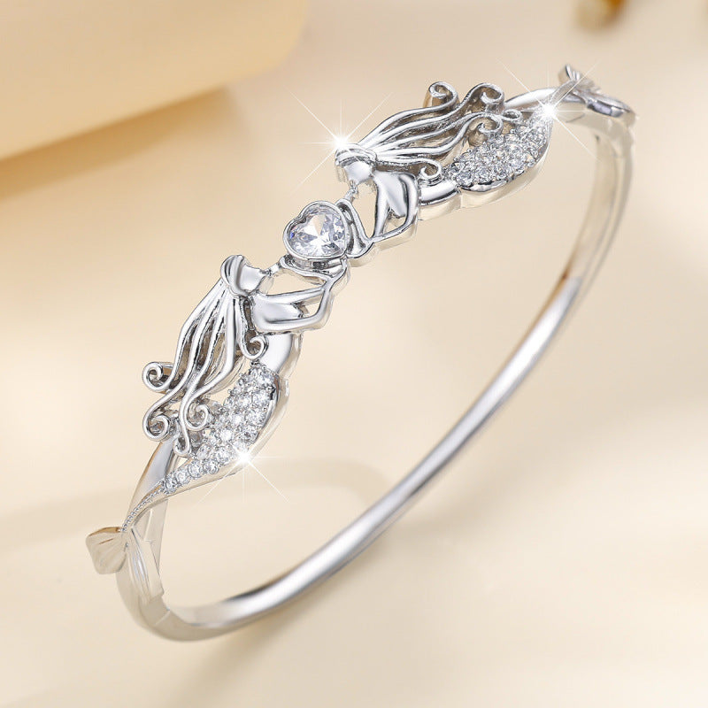 Elegant Mermaid Inlay Bangle For Women, Copper Material With Zircon Inlay, Electroplated Gold Plating