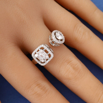 Square Copper Ring For Women With Electroplated Gold Plating And White Rhinestone Inlay