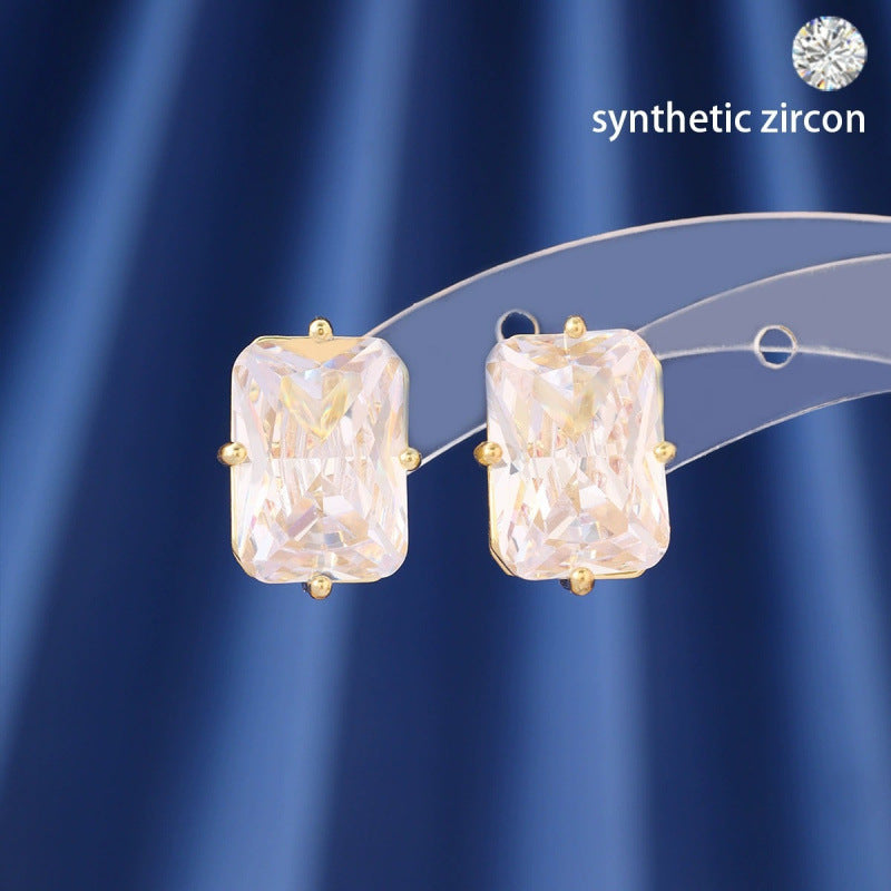 Square Stud Earrings For Women Featuring Electroplated Finish And Copper Ear Pins With Zircon Inlay