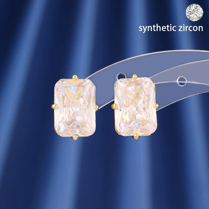 Square Stud Earrings For Women Featuring Electroplated Finish And Copper Ear Pins With Zircon Inlay
