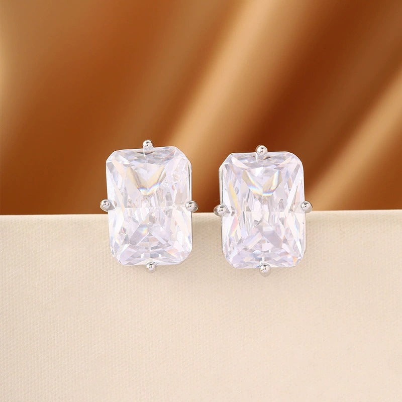 Square Stud Earrings For Women Featuring Electroplated Finish And Copper Ear Pins With Zircon Inlay