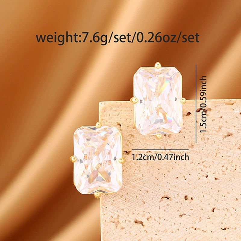 Square Stud Earrings For Women Featuring Electroplated Finish And Copper Ear Pins With Zircon Inlay