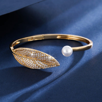 Leaves Pattern Copper Bangle With Zircon Inlay, Simple Style For Women