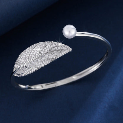 Leaves Pattern Copper Bangle With Zircon Inlay, Simple Style For Women
