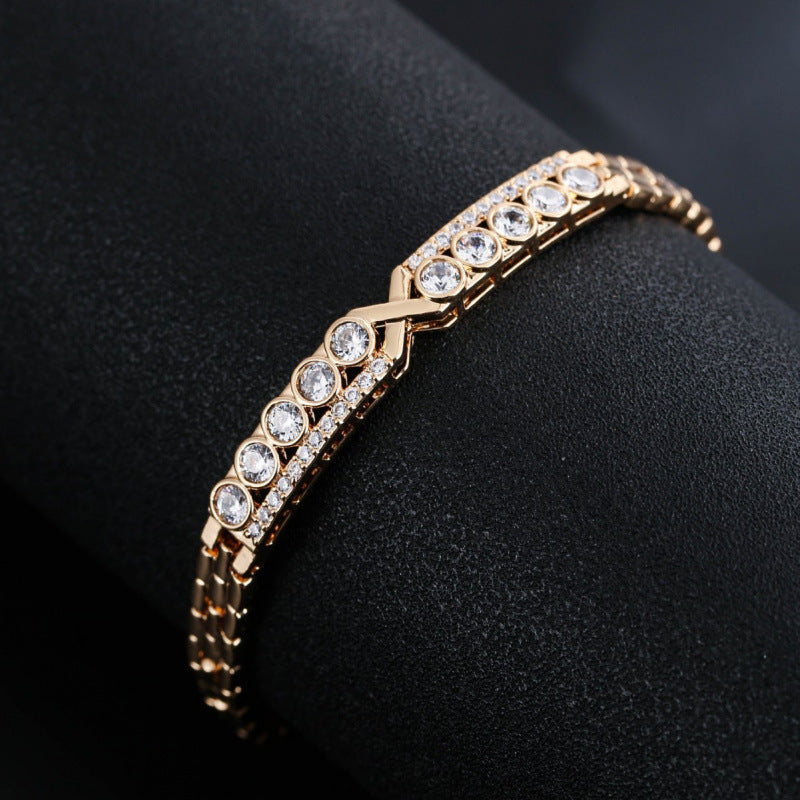 Gold Electroplated Copper Bangle With Rhinestone Inlay, 1 PCS Package