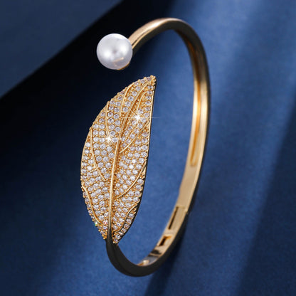 Leaves Pattern Copper Bangle With Zircon Inlay, Simple Style For Women