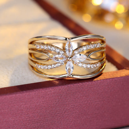 Women’s Copper Flower Ring With Zircon Inlay In Gold, Perfect For Spring
