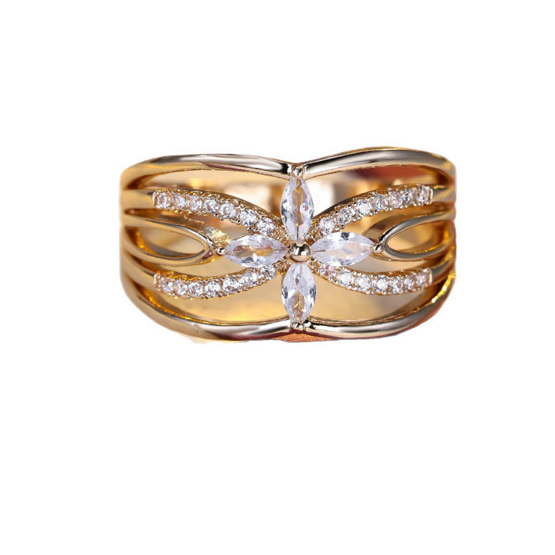 Women’s Copper Flower Ring With Zircon Inlay In Gold, Perfect For Spring