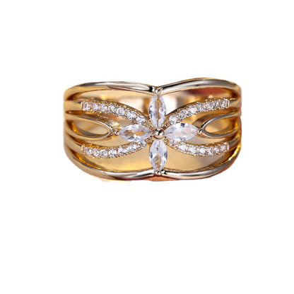 Women’s Copper Flower Ring With Zircon Inlay In Gold, Perfect For Spring