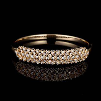 Retro Style Women’s Grid Pattern Inlay Bangle Featuring Zircon With Electroplated Copper Finish