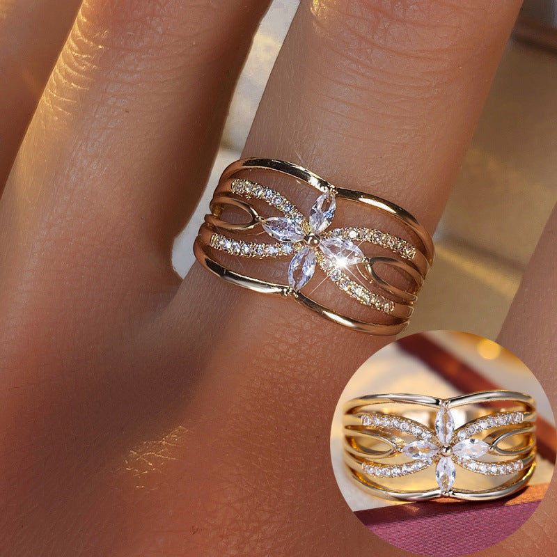 Women’s Copper Flower Ring With Zircon Inlay In Gold, Perfect For Spring