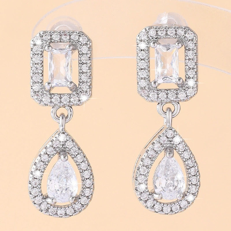 Square Zircon Stud Earrings For Women With Copper Ear Pins Featuring Bezel Setting