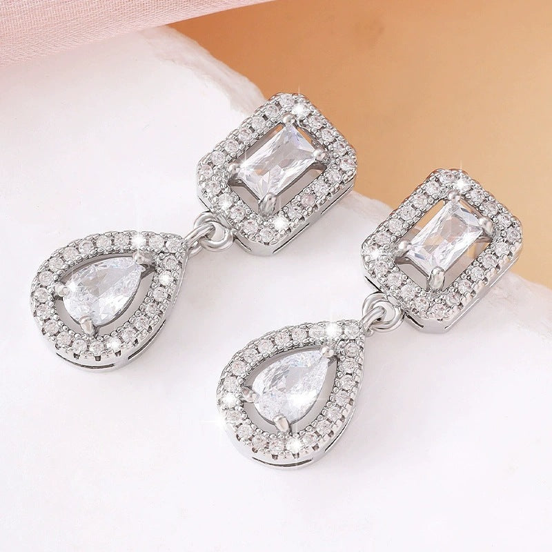 Square Zircon Stud Earrings For Women With Copper Ear Pins Featuring Bezel Setting