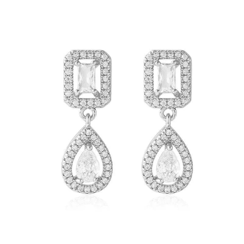 Square Zircon Stud Earrings For Women With Copper Ear Pins Featuring Bezel Setting