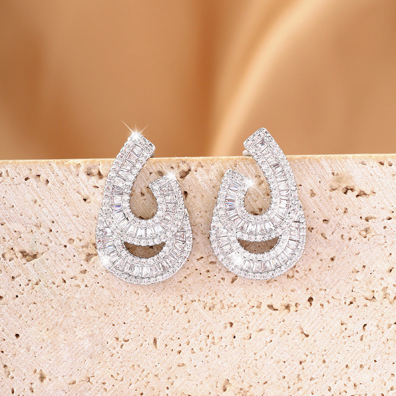 Geometric White Stud Earrings For Women In Electroplated Copper With Zircon Inlay
