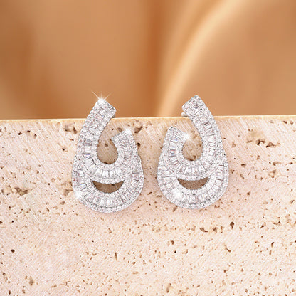 Geometric White Stud Earrings For Women In Electroplated Copper With Zircon Inlay