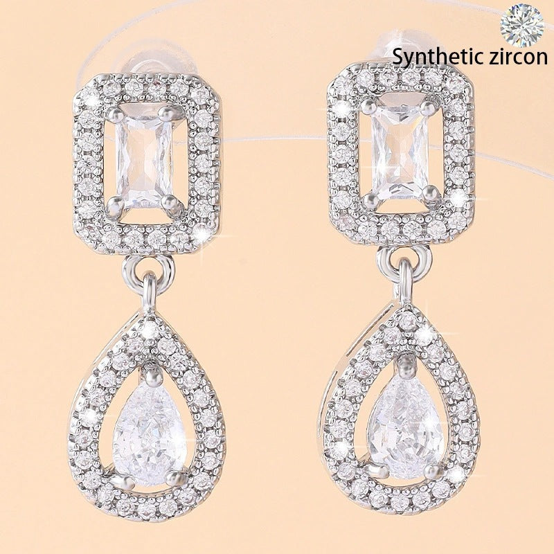 Square Zircon Stud Earrings For Women With Copper Ear Pins Featuring Bezel Setting