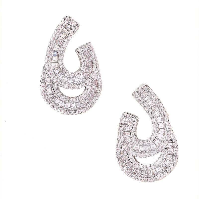 Geometric White Stud Earrings For Women In Electroplated Copper With Zircon Inlay