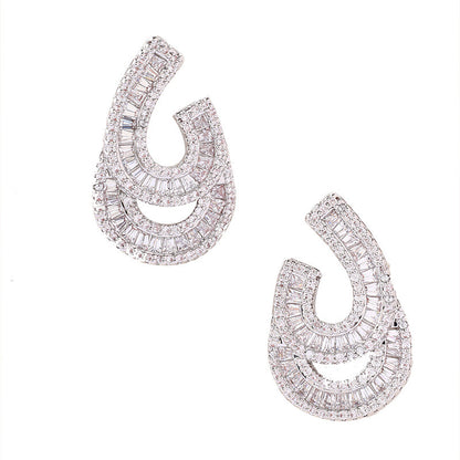 Geometric White Stud Earrings For Women In Electroplated Copper With Zircon Inlay