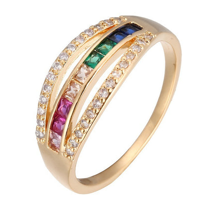 Geometric Copper Ring For Women With Electroplated Gold Plating And Zircon Inlay, Elegant Gold Tone Jewelry