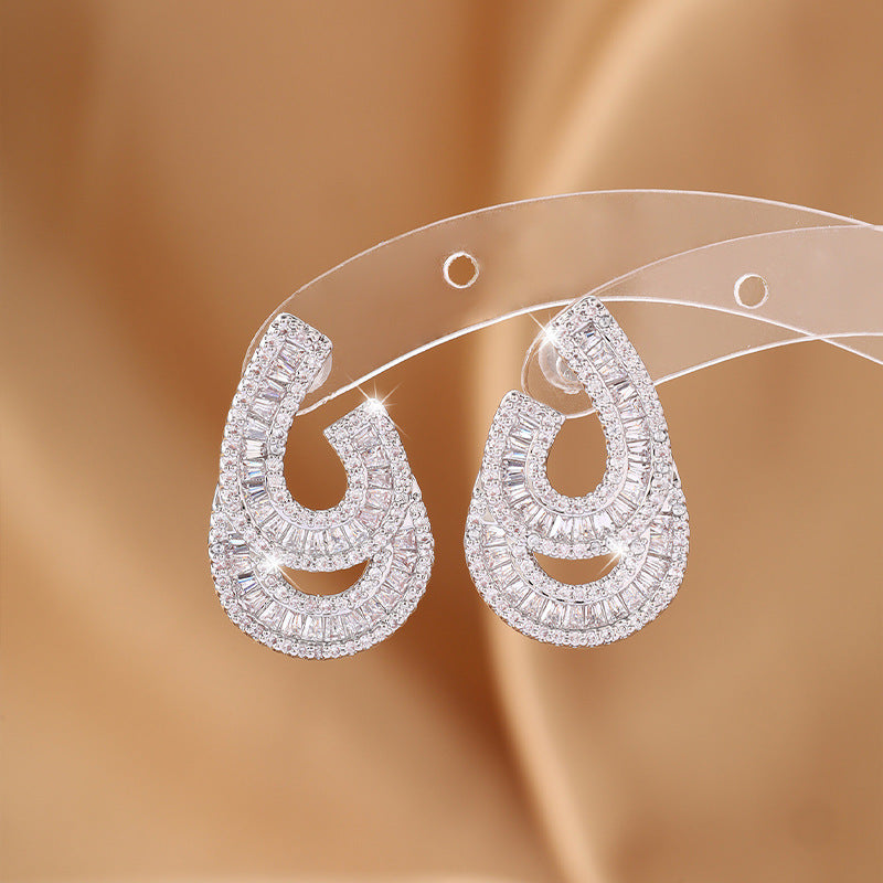 Geometric White Stud Earrings For Women In Electroplated Copper With Zircon Inlay