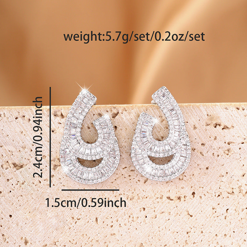 Geometric White Stud Earrings For Women In Electroplated Copper With Zircon Inlay