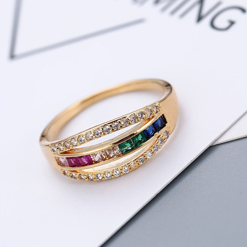 Geometric Copper Ring For Women With Electroplated Gold Plating And Zircon Inlay, Elegant Gold Tone Jewelry