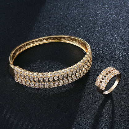 Number Pattern Brass Bangle With Zircon Inlay, Electroplated Gold Plating, Elegant Gold Tone