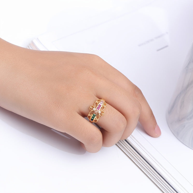Women’s Crown Ring In Gold Electroplated Copper With Zircon Inlay