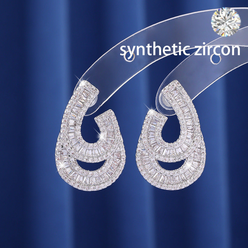 Geometric White Stud Earrings For Women In Electroplated Copper With Zircon Inlay
