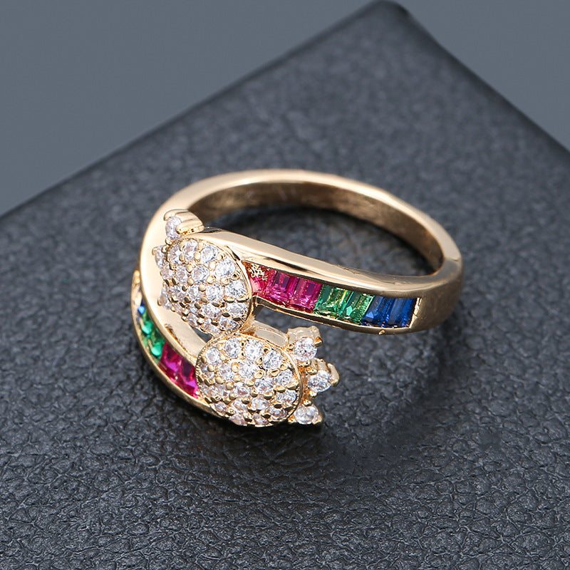 Rainbow Open Rings For Women In Copper With Zircon Inlay, 1 Pair