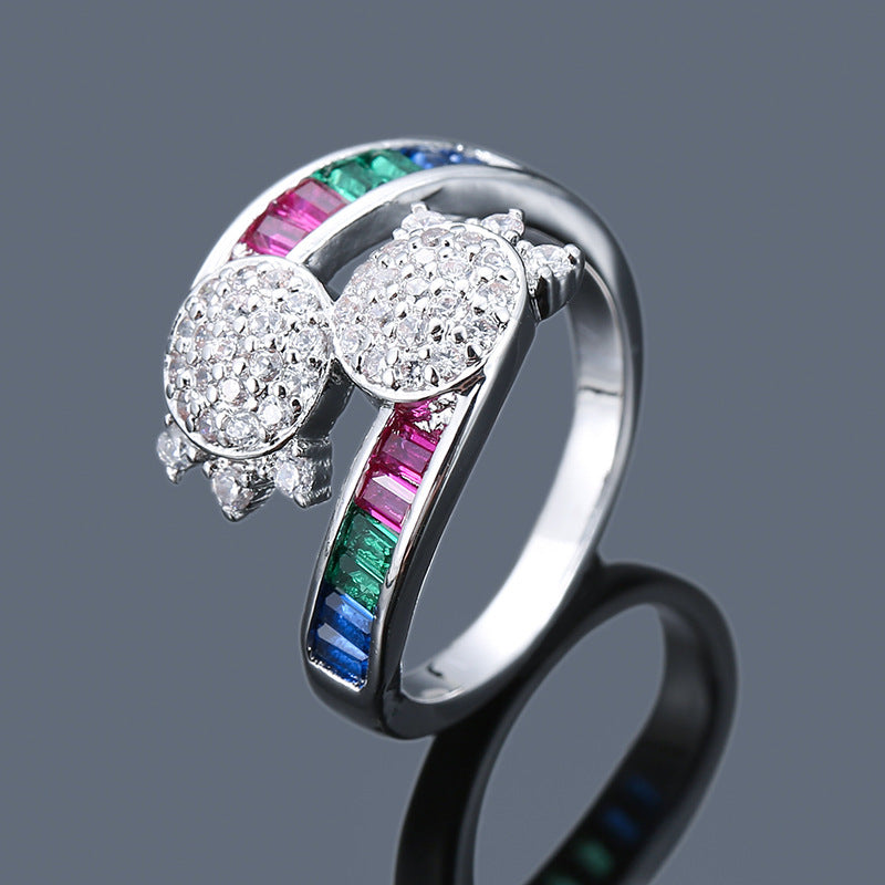 Rainbow Open Rings For Women In Copper With Zircon Inlay, 1 Pair