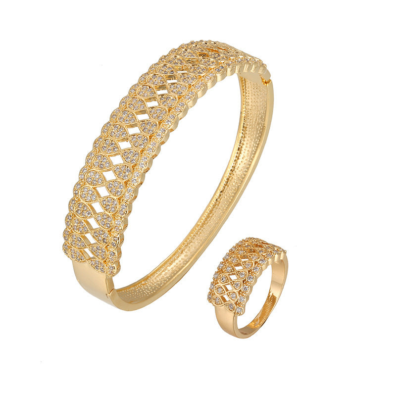 Number Pattern Brass Bangle With Zircon Inlay, Electroplated Gold Plating, Elegant Gold Tone