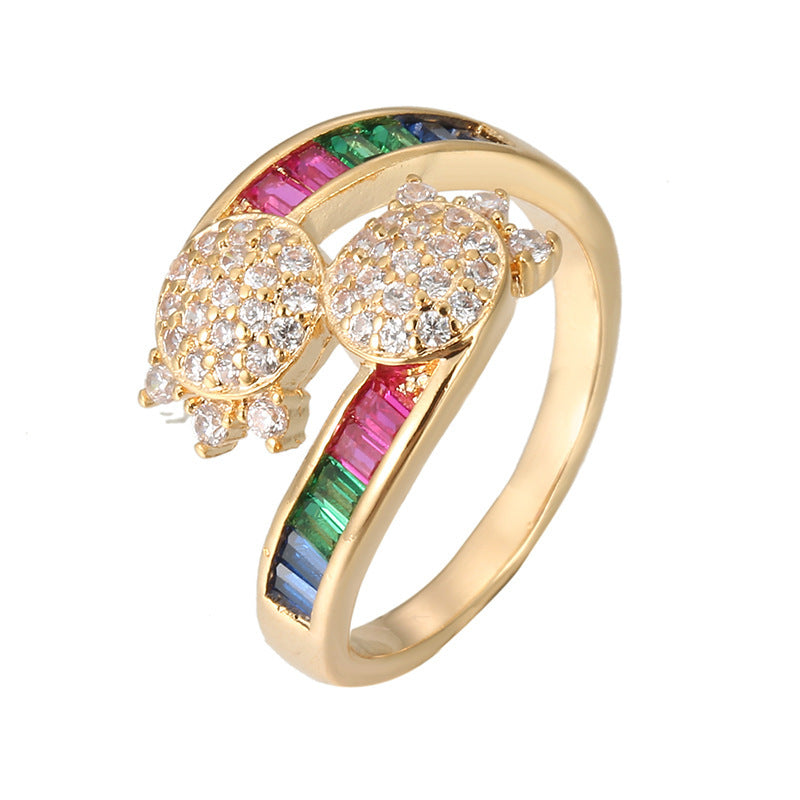 Rainbow Open Rings For Women In Copper With Zircon Inlay, 1 Pair