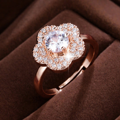 Simple Style Flowers Open Ring For Women In Electroplated Copper With Zircon Inlay
