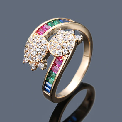 Rainbow Open Rings For Women In Copper With Zircon Inlay, 1 Pair