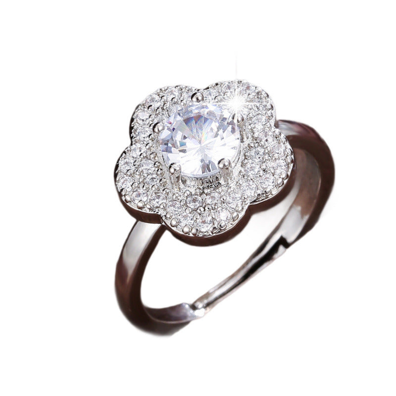 Simple Style Flowers Open Ring For Women In Electroplated Copper With Zircon Inlay