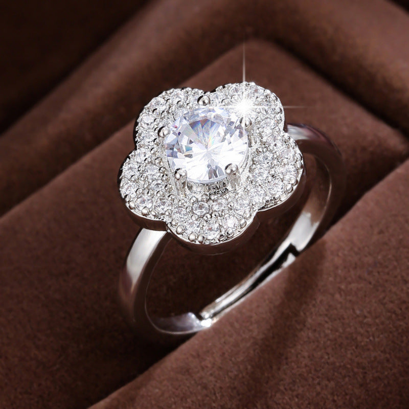 Simple Style Flowers Open Ring For Women In Electroplated Copper With Zircon Inlay