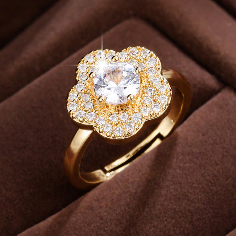 Simple Style Flowers Open Ring For Women In Electroplated Copper With Zircon Inlay