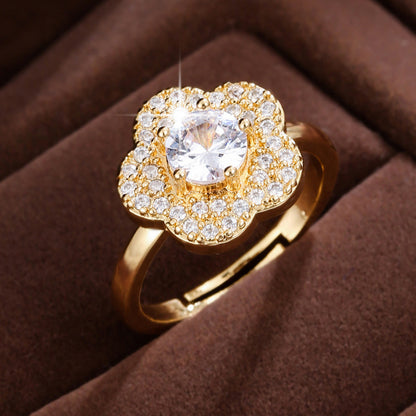 Simple Style Flowers Open Ring For Women In Electroplated Copper With Zircon Inlay