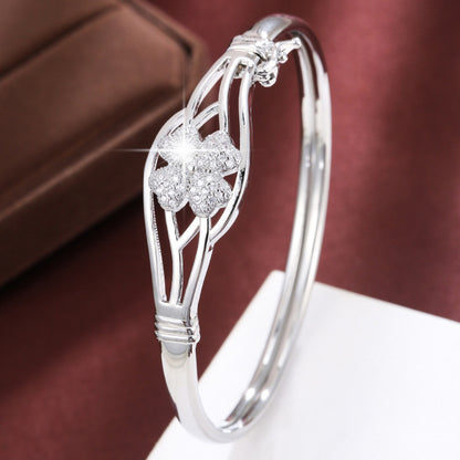 Flowers Inlay Bangle In Copper With Electroplated Gold Plating And Zircon Inlay