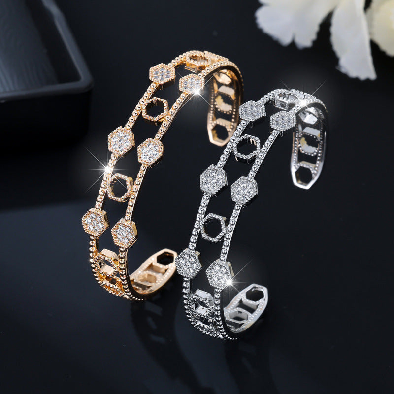 Honeycomb Waterproof Non Tarnish Bangle For Women In Golden Plated Copper With Zircon Inlay, Electroplated Finish