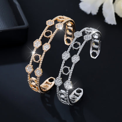 Honeycomb Waterproof Non Tarnish Bangle For Women In Golden Plated Copper With Zircon Inlay, Electroplated Finish