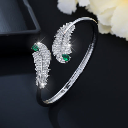 Retro Feather Inlay Copper Bangle With Zircon In Gold