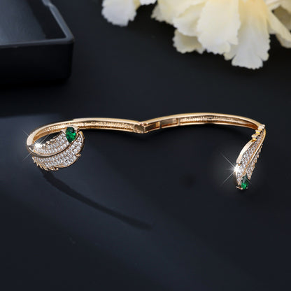 Retro Feather Inlay Copper Bangle With Zircon In Gold