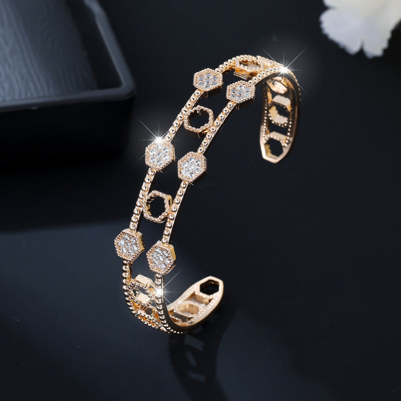 Honeycomb Waterproof Non Tarnish Bangle For Women In Golden Plated Copper With Zircon Inlay, Electroplated Finish