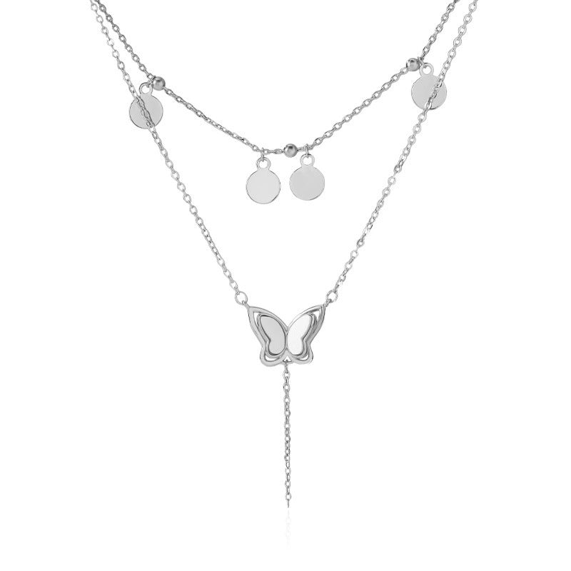 Butterfly Double Layer Necklace With Tassel Pendant In Copper Featuring Cable Chain For Women
