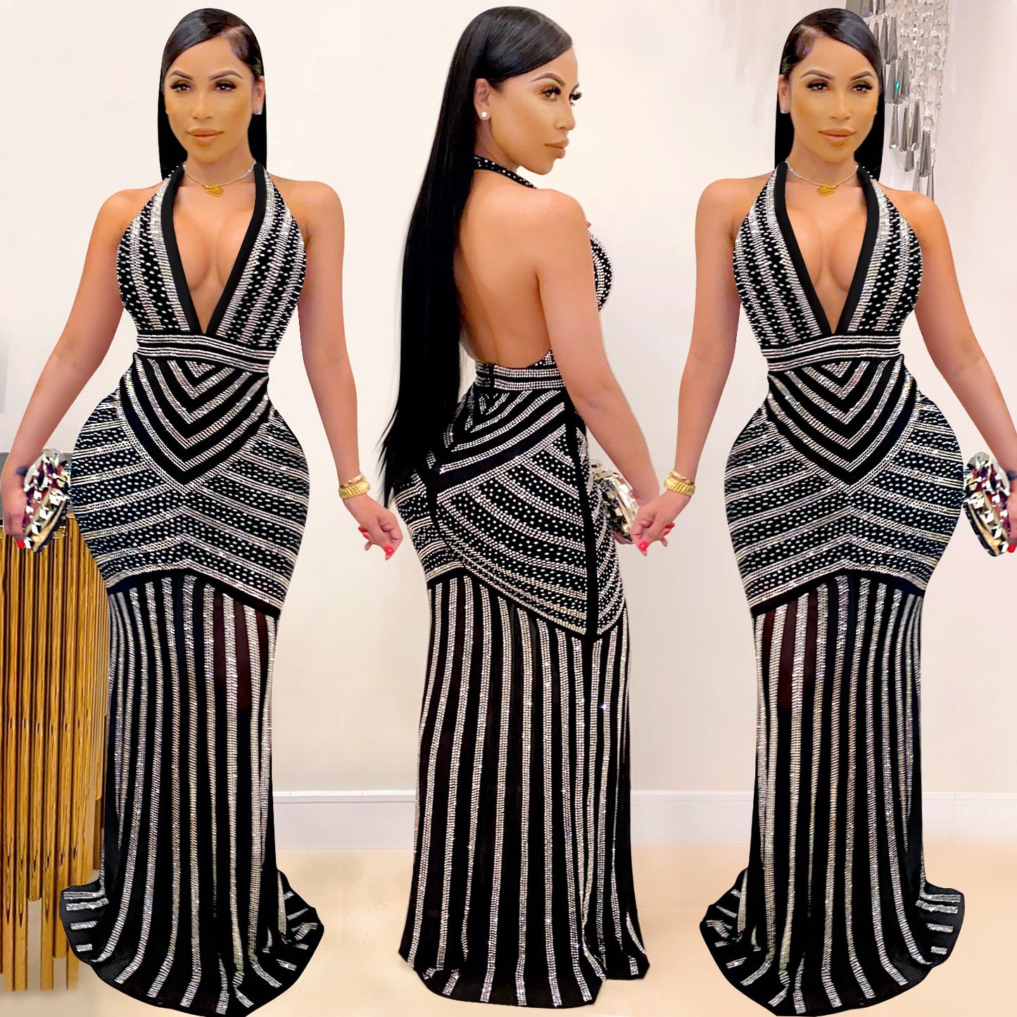 Sexy Sleeveless Bodycon Dress With Deep V Neckline In Polyester, Maxi Long Dress For Nightclub