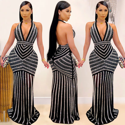 Sexy Sleeveless Bodycon Dress With Deep V Neckline In Polyester, Maxi Long Dress For Nightclub
